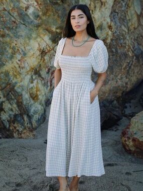 Rachel Pally Gingham Smocked Barret Midi Dress Size Large